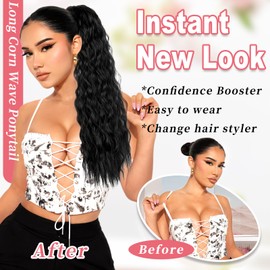 SHNMIN Corn Wave Ponytail Extension,Long Wavy Wrap Around Ponytail 22 Inch Synthetic Clip in Ponytail Hairpieces Magic Paste Heat Resistant Pony Tails Hairpiece for Women Daily Use