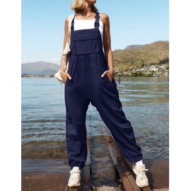ZESICA Women's Sleeveless Overalls Jumpsuit Casual Loose Adjustable Straps Bib Long Pant Jumpsuits with Pockets,Navy,Small