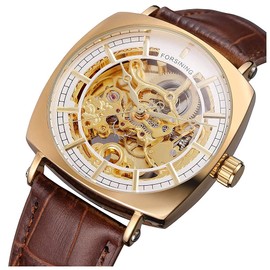 Gosasa Men Skeleton Automatic Mechanical Watch Gold Skeleton Vintage Man Genuine Leather Waterproof Watch (Brown Gold)