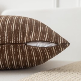 Kevin Textile Brown and Beige Patchwork Farmhouse Pillow Covers 24x24 Inch, Pack of 2 Striped Linen Decorative Modern Accent Pillow Cases for Sofa Couch Bedroom