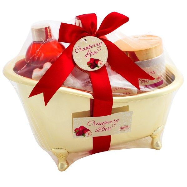 BRUBAKER 6 Pcs Gift Set 'Cranberry Love' Beauty Spa Set With Golden Bathtub, Bath Fizzer, Bubble Bath, Shower Gel, Bath Salt, Soap