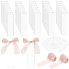 100 PCS Blank Acrylic Bookmarks, Includes 2 Rolls Pink Ribbons, Transparent DIY Wedding Reserved Chair Signs, Place Cards for Wedding Reception, Party, Engagement