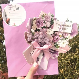 Pink Rose Floral Dried Flower Bouquet Greeting Card, 3D Popup Thanksgiving Pop up Cards, Family Gifts Birthday Card for Women Girls with Envelope, Valentine Day, Anniversary, Thank You Card