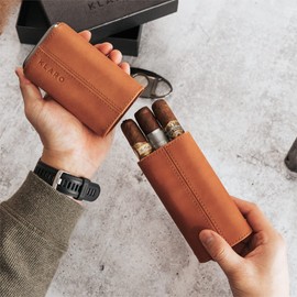 CASE ELEGANCE Three-Cigar Travel Case with Real Saddle Brown Leather, Cedar Lined Interior, Monogrammable, Fits up to a 60 Gauge Cigar, Travel Ready, Quality Stitching, Gun Metal Ends, Gift Packaging