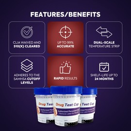 Accurate Urine Drug Test Kit - 10 Panel at Home Drug Test Cup with Clicker & Temperature Strip - CLIA Waived, 510k Cleared with SAMHSA Cutoff Levels [25 Test Cups]