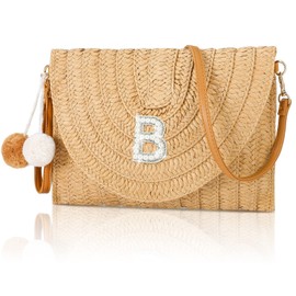 Hosuly Straw Clutch for Women Summer Straw Purse Crossbody Shoulder Bag Initial Bags for Beach Bachelorette Gift (Letter B)