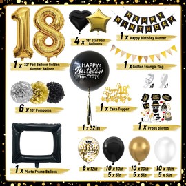 WINAROI 18th Birthday Decoration Boy Girl 18th Black Gold Birthday Balloons with Photo Props Happy Birthday Banner, Decoration 18th Balloons, Birthday Party Decorations