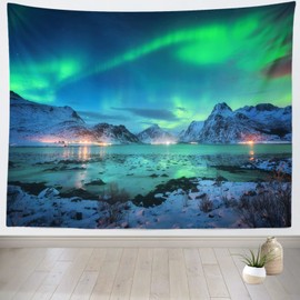 BELECO Northern Lights Tapestry Wall Hanging Aurora Borealis Tapestry 80x60 Inch Snow Mountains and Lake View Starry Night Norwegian Winter Tapestry Wall Decor for Living Room Bedroom Dorm