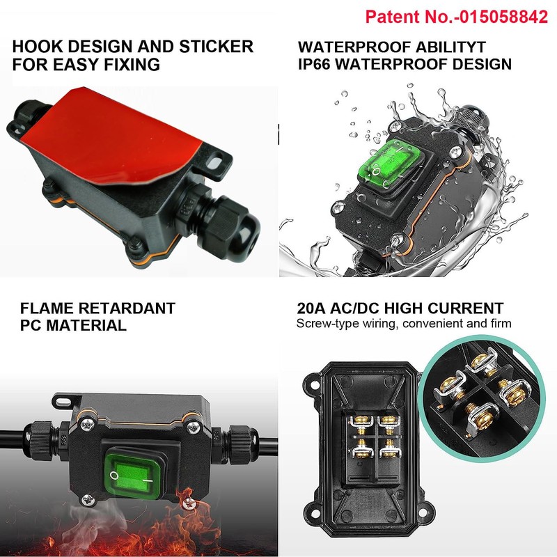 Gebildet Inline Cord Switch DPST Rocker Switch IP66 Waterproof, 20A-12VDC/16A-24VDC/20A-125VAC/16A-250VAC,