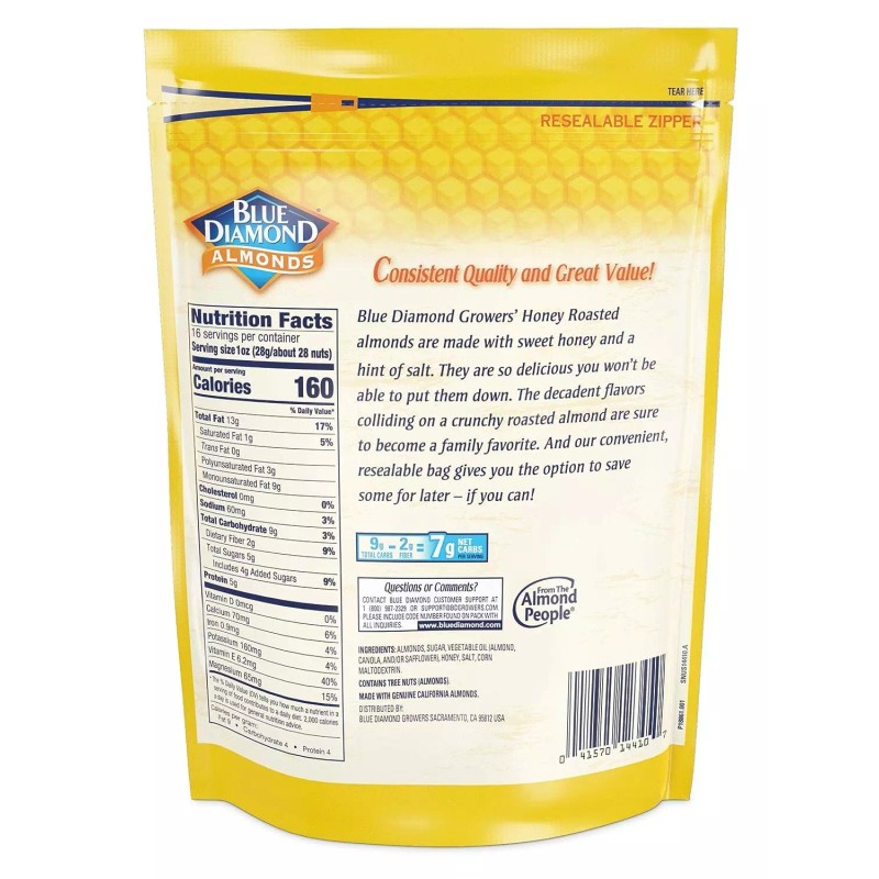 Blue Diamond Almonds Honey Roasted Snack Almonds, Honey Roasted, 1