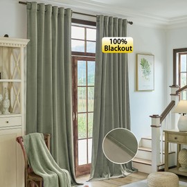 Timeper 100% Full Blackout Sage Green Liner Velvet Curtains 90 inches Long for Living Room, Thick Soft Window Drapes Bedroom Thermal Insulated Noise Reducing, Rod Pocket Back Tab, 2 Panels