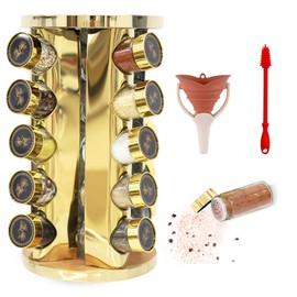 360-Rotating kitchen countertop stainless steel spice rack, apricot leaf pattern appearance, equipped with 20 food grade glass cans (gold + black, five floors of 20 spice cans)