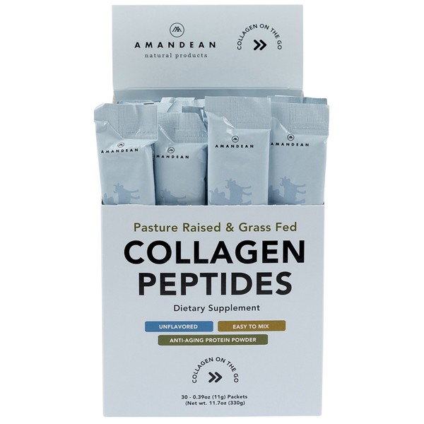AMANDEAN Collagen Peptides Powder Packets | 30 Individual Stick Packs | Grass-Fed Hydrolyzed Collagen Protein | Unflavored, Easy to Mix | Travel Friendly | Promotes Healthy Gut, Skin, Hair, Nails.