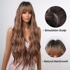 Long Wave Brown Highlight Wigs with Bangs for Women Synthetic Hair Dark Roots
