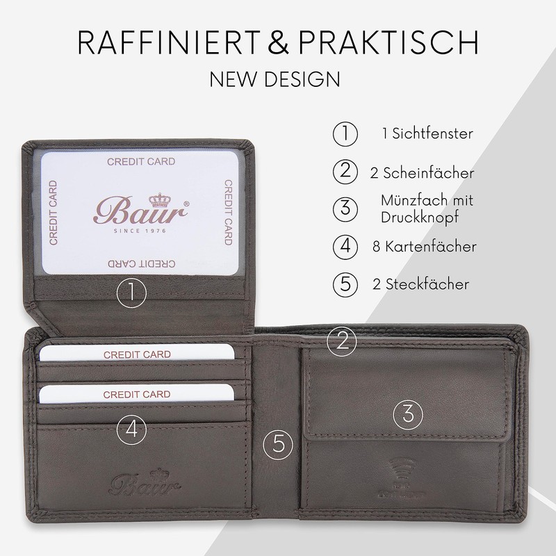 Baur Men's Genuine Leather Wallet with RFID Protection, Landscape Format,