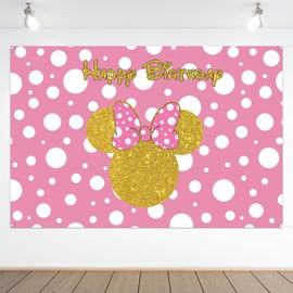 Happy Birthday Mouse Girl Themed Backdrop Banner Pink Cartoon Happy Birthday Theme Party Decorations Cheer to One/Two Years Old Photography Background Supplies for Girls