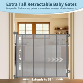 HIDODO 47” Extra Tall Retractable Baby Gate, Reinforced Mesh Dog Gate Extends to 59" Wide, Baby Gate for Stairs, Doorways, Hallways, Indoor and Outdoor, Grey