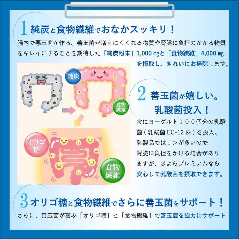 純炭粉末 食べる純炭きよらプレミアム 個包装 30包入 【乳酸菌1日1兆個 水溶性食物繊維1日4000mg 純炭1000㎎】 国内製造 顆粒タイプ 低リン
