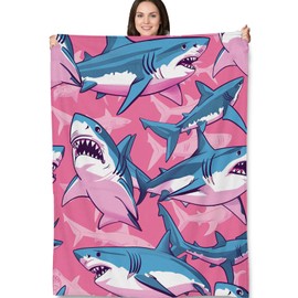 Turamurra Pink Shark Blanket Gifts, Fun and Bold Blue Sharks Fleece Throw, Cozy and Soft Lightweight Blanket for Ocean and Animal Lovers, Ideal for Bedroom, Living Room 50x60 in,Decor