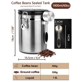 Coffee Canister Airtight Storage Container Stainless Steel Air Tight Coffee Jar with Scoop, Date Tracker CO2 Release Valve for Dry Food, Beans, Ground, Tea, Flour, Cereal and Sugar (1.8L-Silver-2pcs)