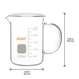 XCD Glass Beaker (250 ml), Borosilicate Glass Beaker Low Form Griffin Graduated Beaker with Handle and Pouring Spout