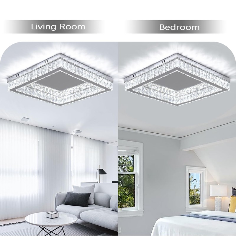 Finktonglan Square Crystal LED Flush Mount Ceiling Light, 17.7" Modern