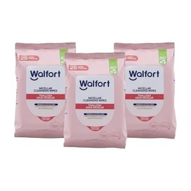 Walfort | Toallitas húmedas desmaquillantes con agua micelar. Biodegradables, elaboradas a base de plantas, hipoalergénicas. Caja con 3 paquetes de 25 pz c/u.