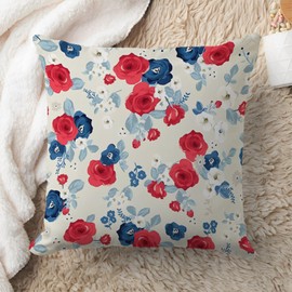 CarOptics 4th of July Pillow Cover 18x18 - Patriotic Floral Pattern, American Red and Blue Roses for Independence and Memorial Day Home Decor
