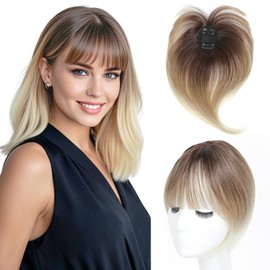 Cesomeey Hair Topper Clip in Bangs, 360° 3D Cover Hair Toppers for Women with Thinning Hairs,Upgrade Topper Bang Clip,10 Inch Straight Hairs Pieces for Women(Ombre Mix Blonde with Dark Root to Blonde)