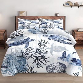 WeCozy Queen Size Comforter Set with 2 Pillowcases, Animal Blue Turtle Sea Coral Soft 3 Pcs Bedding for Kids and Adults Bedroom Bed Decor