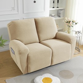JIVINER 6-Piece Loveseat Recliner Slipcover Stretch Jacquard Recliner Sofa Cover 2 Seater Washable Reclining Couch Cover with Pocket Fitted Furniture Protector Cover (Loveseat Recliner, Light Beige)
