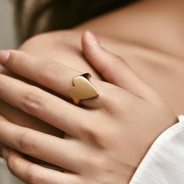 Classic Dome Heart Statement Ring for Women Open Band Stylish Stackable Wide Polished Gold Big Love Comfort Fit Knuckle Finger Rings Adjustable Wedding Promise Engagement Party Fashion Jewelry for Her