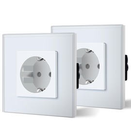 BSEED Schuko 2-pack sockets, 16 Amps, AC power, crystal glass plate, 1-Way, flush-mounted socket, 86 mm single earthing contact socket, wall outlet, White