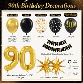 114pcs 90th Birthday Decorations for Men, 90th Birthday Decorations with 90th Birthday Banner Black Gold Confetti Birthday Balloons for 90 Year Old Birthday Decorations