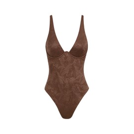 BERLOOK - Trajes de baño de una pieza para mujer, diseño de jacquard con aros de corte alto, cuello en V, monokini, Café, X-Small