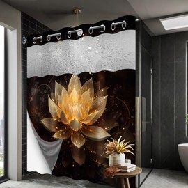Lotus Hookless Shower Curtain with Snap in Liner, Black and Gold Spa Zen Spiritual Golden Floral No Hook Double Layer Shower Curtain and Liner Set, Waterproof Cloth Fabric, 71" W X 74" L