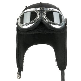 ililily Aviator Hat Winter Snowboard Fur Trim Ear flaps Trooper Trapper Pilot Hat with Goggles (aviator-403-1) Black