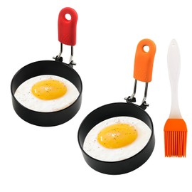 2 Pack Egg Ring Stainless Steel Egg Rings for Frying Fried Egg Ring with Anti-Scald Handle and Oil Brush Non Stick Egg Mould Pancake Mould Egg Shaper for Egg Frying Shaping Pancakes Mini Burger