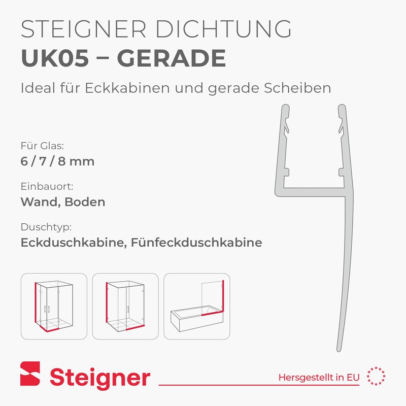 Steigner shower gasket, glass thickness 3.5/4/5 mm, straight, PVC (polyvinyl