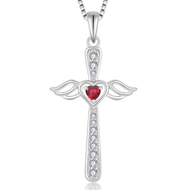 FYNSBLE Cross Necklace for Women Sterling Silver Guardian Angel Wings Ruby Heart Birthstone Pendant Necklace Jewelry for Women Mother Her