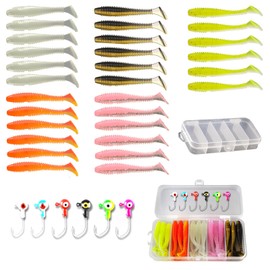 Xiciki 37 Pcs Fishing Lures Set Soft Plastic Lures with Jig Heads, With Lure Box, Jig Heads for Fishing Lures, Bait Elastic for Sea Fishing, Easy Catching Bait for Bass, Trout, Crappie Fishing Lures