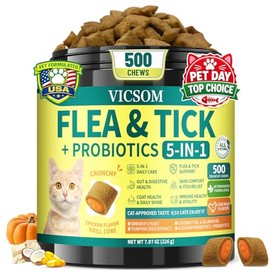 Flea and Tick Prevention for Cats, 500 Crunchy & Krill Chews with Probiotics for Cats, Cat Flea Chews with Gut & Digestive Support, Skin & Coat Support for All Breeds & Ages, Chicken Flavor