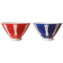 J-kitchens Hatami Kiln Pair Rice Bowl, 4.5 inches (11.5 cm), Made in Japan, Stretch Cat (Blue, Red)