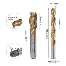 sourcing map Tap & Bit Sets, M16 x 2 Screw Thread Machine Spiral Flute Threading Tap and 14mm Twist Drill Bit, Titanium Plated M35 Cobalt High Speed Steel (HSS-CO)