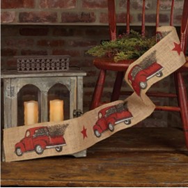 TCHC Vintage Red Truck Burlap 4” By 10’  Christmas Ribbon -Vintage Country Primitive