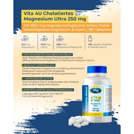 Magnesium Bisglycinate 1800 mg XXL Tablets - 180 x 250 mg Elementary Magnesium - Vegan & Laboratory Tested - Maxxi Tabs: Magnesium Chelate High Dose