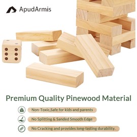 ApudArmis Giant Tumble Tower Stack to Over 5Ft, 60 PCS Pine Wooden Stacking Timber Game with 1 Dice Set - Classic Block Giant Outdoor Game (7.48 * 2.48 * 1.5 in Each Block)