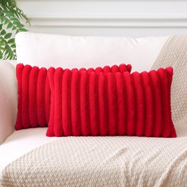 Sungeek Set of 2 Red Faux Rabbit Fur Cushion Covers 30x50 cm, Soft Cozy Plush Striped Decorative Throw Pillow Covers 12x20 inch Velvet Lumbar Pillowcases for Sofa Bedroom