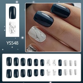 Medium Square Press On Nails Dark Blue Fake Nails Marbling With Glitter Design Full Cover Acrylic False Nails Artificial Nails Glossy Glue On Nails Stick On Nails For Women Manicure 24pcs