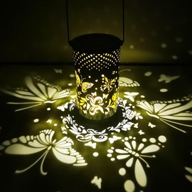 3D-Dynamic Hollowed-Out Metal Decor Lantern 2 Pack Outdoor Solar Hanging Lantern Lights Waterproof LED Decorative Garden Light for Garden Patio Courtyard Lawn and Tabletop (DTTYD-Butterfly)